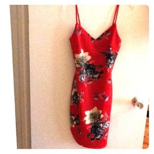 Red Dress with floral design. Spaghetti strap.
